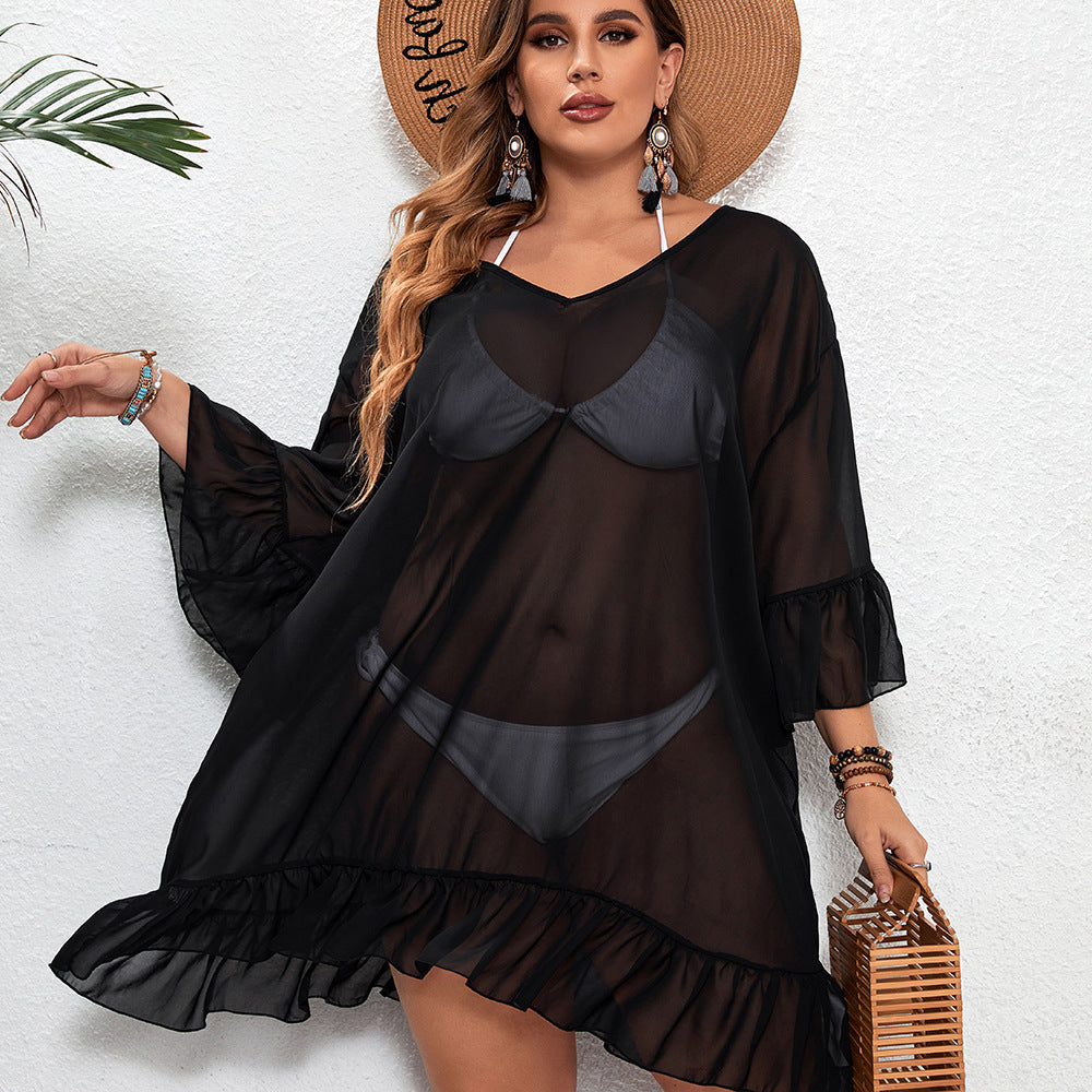Plus Size See-Through Sun Protection One-Piece Beach Dress