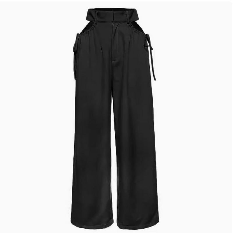 Peekaboo Cord-Tie, Women's High Waist Satin Straight Pants
