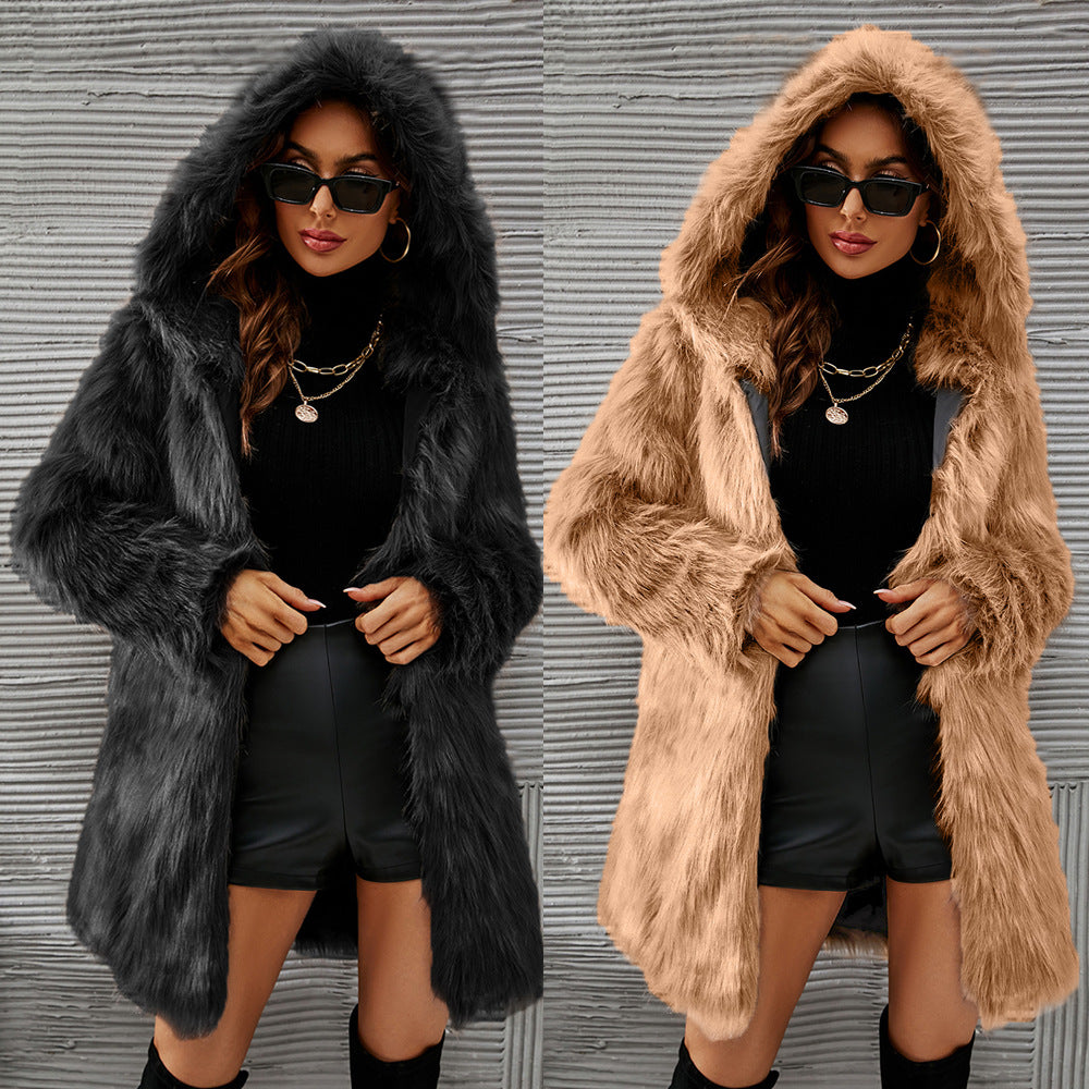 Vireous Women's Glamorous Over-Size Hooded Faux Fur Jacket