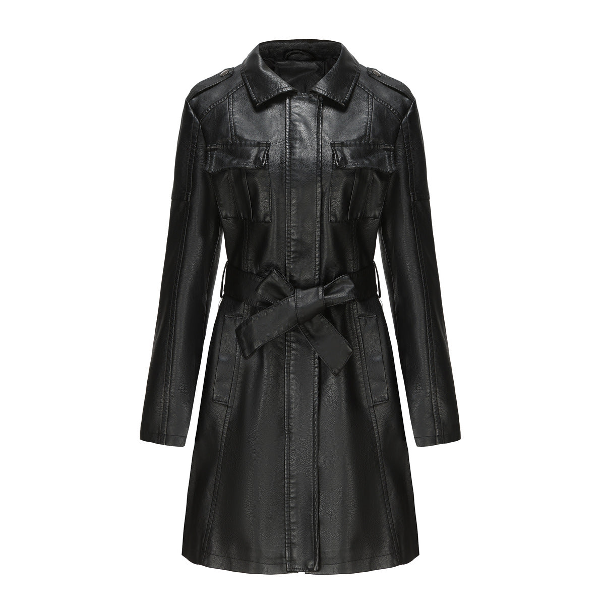 Vireous British Fashion Mid-Length Women's Leather Coat With Belt, Multi Colours