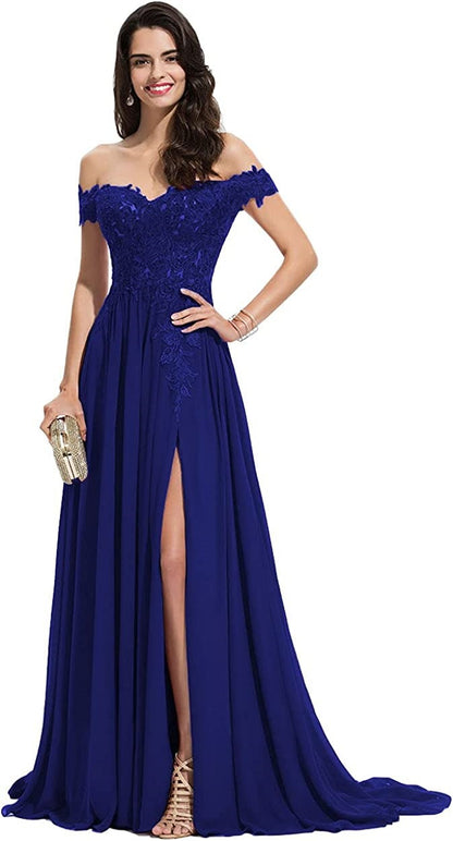 Women's Off-Shoulder Long Prom-Style Slit Dress, Lace Bodice