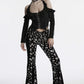 Punk Rave Nulia Spliced Velvet Flared Trousers with Skull Print