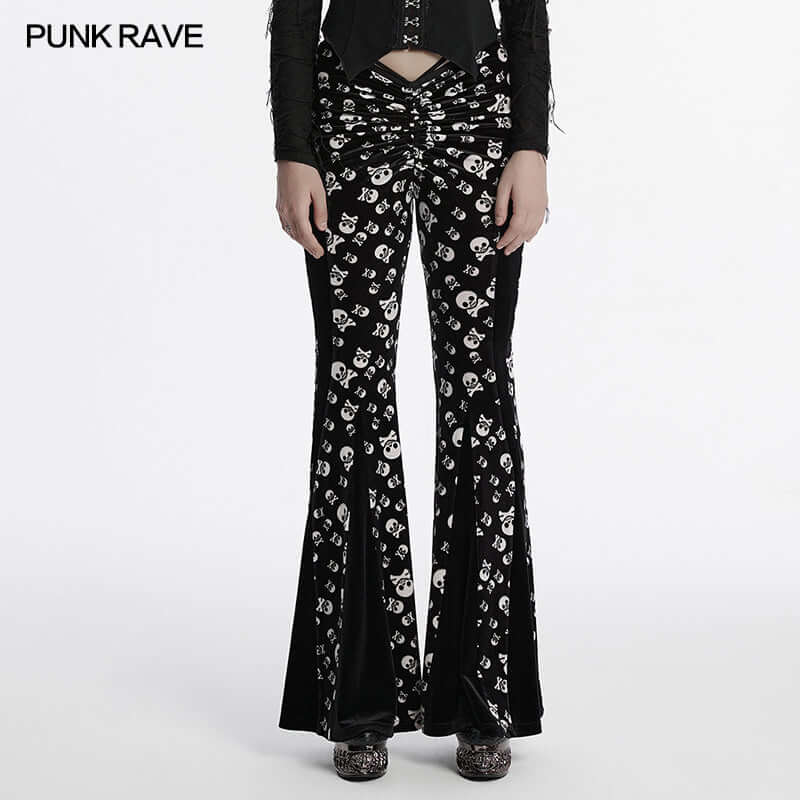 Punk Rave Nulia Spliced Velvet Flared Trousers with Skull Print