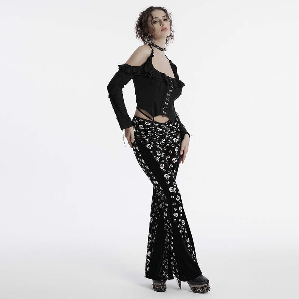 Punk Rave Nulia Spliced Velvet Flared Trousers with Skull Print