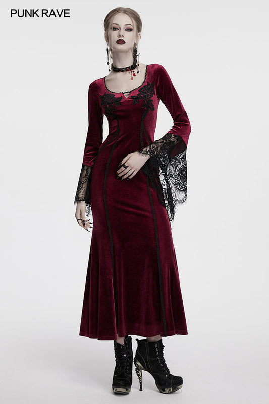 Punk Rave Isolde Velvet Lace-Sleeve Dress in Red