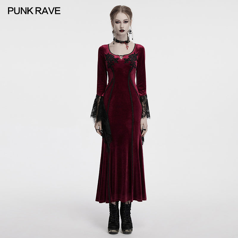 Punk Rave Isolde Velvet Lace-Sleeve Dress in Red