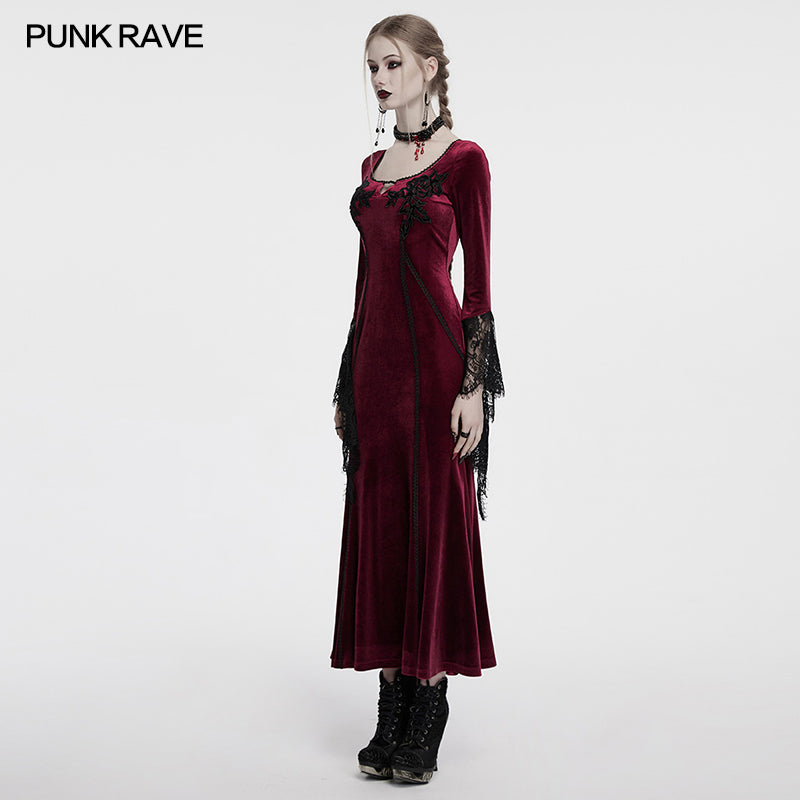 Punk Rave Isolde Velvet Lace-Sleeve Dress in Red