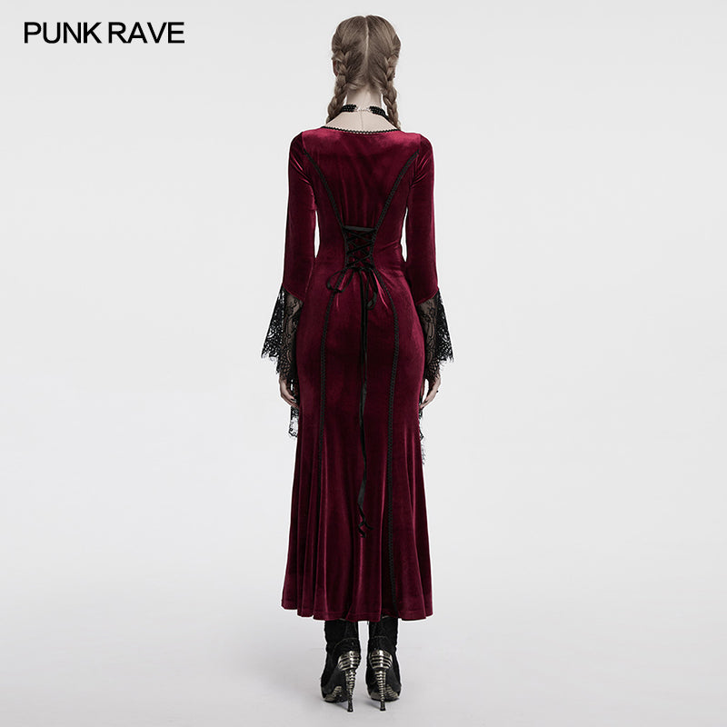 Punk Rave Isolde Velvet Lace-Sleeve Dress in Red