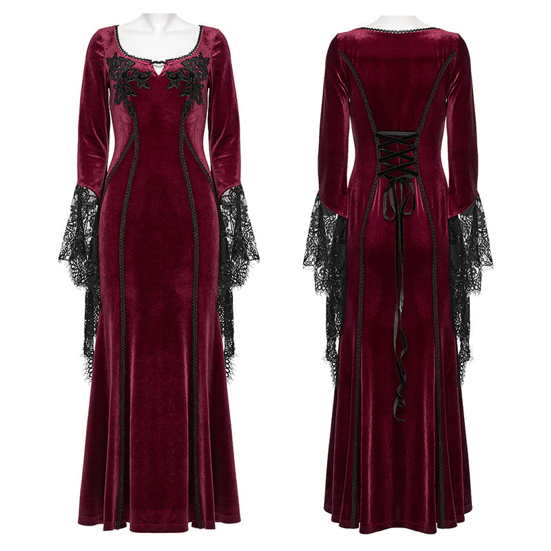 Punk Rave Isolde Velvet Lace-Sleeve Dress in Red