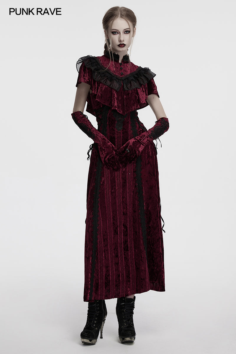 goth slip dress Punk Rave Vivienne Velvet Lace-Panel Goth Slip Dress In Burgundy – Vireous.Shop