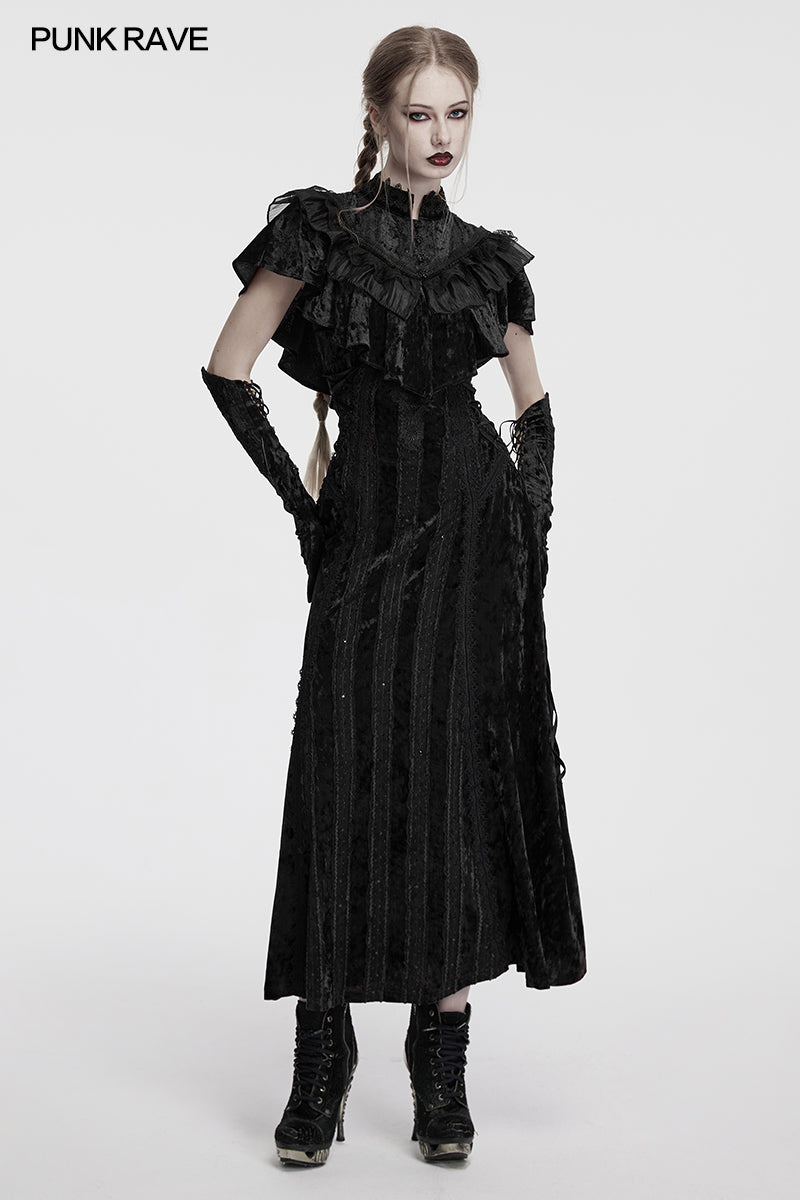 Punk Rave Morrigan Embroidered Velvet Goth Slip Dress in Black