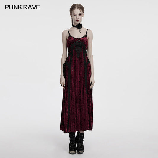 Punk Rave Vivienne Velvet Lace-Panel Goth Slip Dress In Burgundy