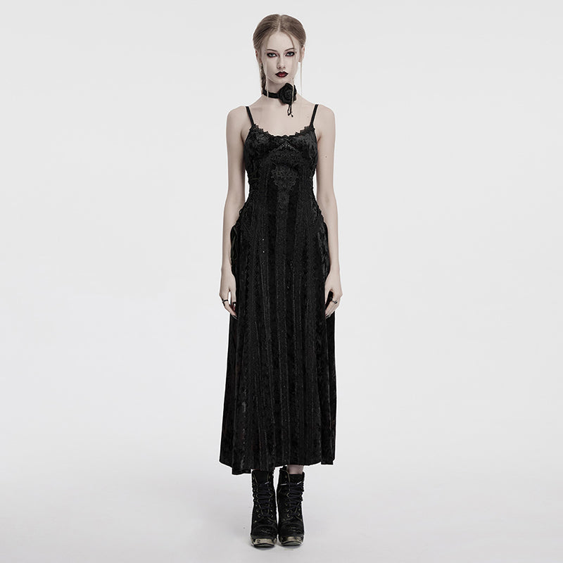 Punk Rave Morrigan Embroidered Velvet Goth Slip Dress in Black