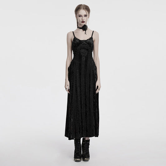 Punk Rave Morrigan Embroidered Velvet Goth Slip Dress in Black