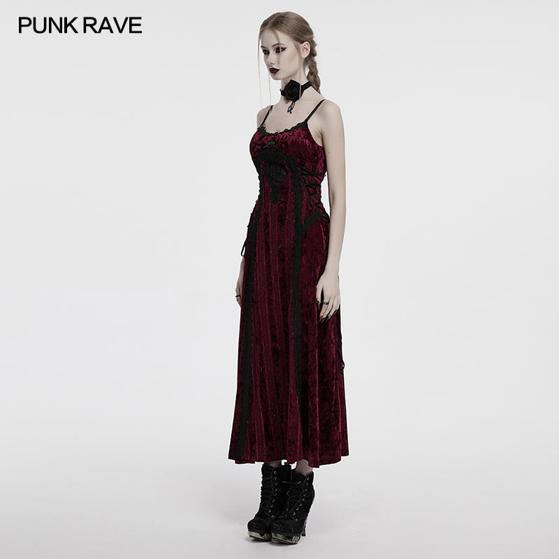Punk Rave Vivienne Velvet Lace-Panel Goth Slip Dress In Burgundy