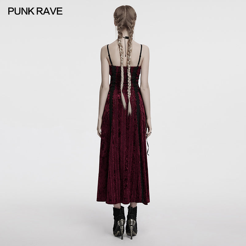 Punk Rave Vivienne Velvet Lace-Panel Goth Slip Dress In Burgundy