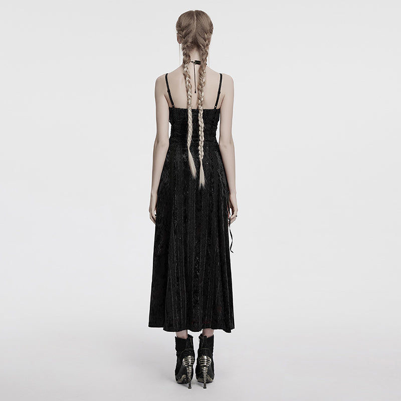 Punk Rave Morrigan Embroidered Velvet Goth Slip Dress in Black