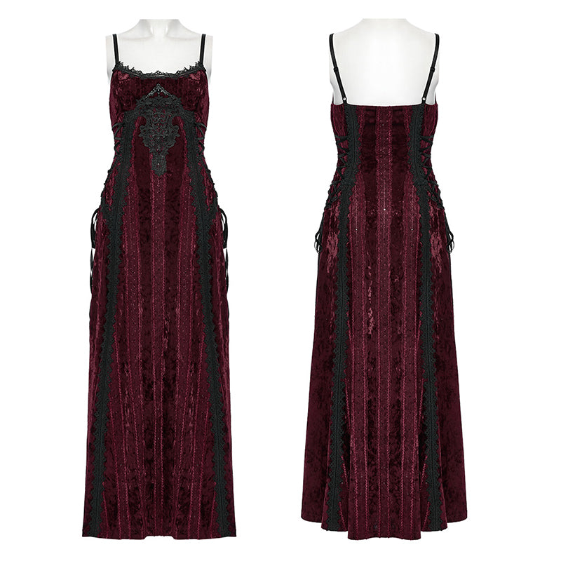 Punk Rave Vivienne Velvet Lace-Panel Goth Slip Dress In Burgundy