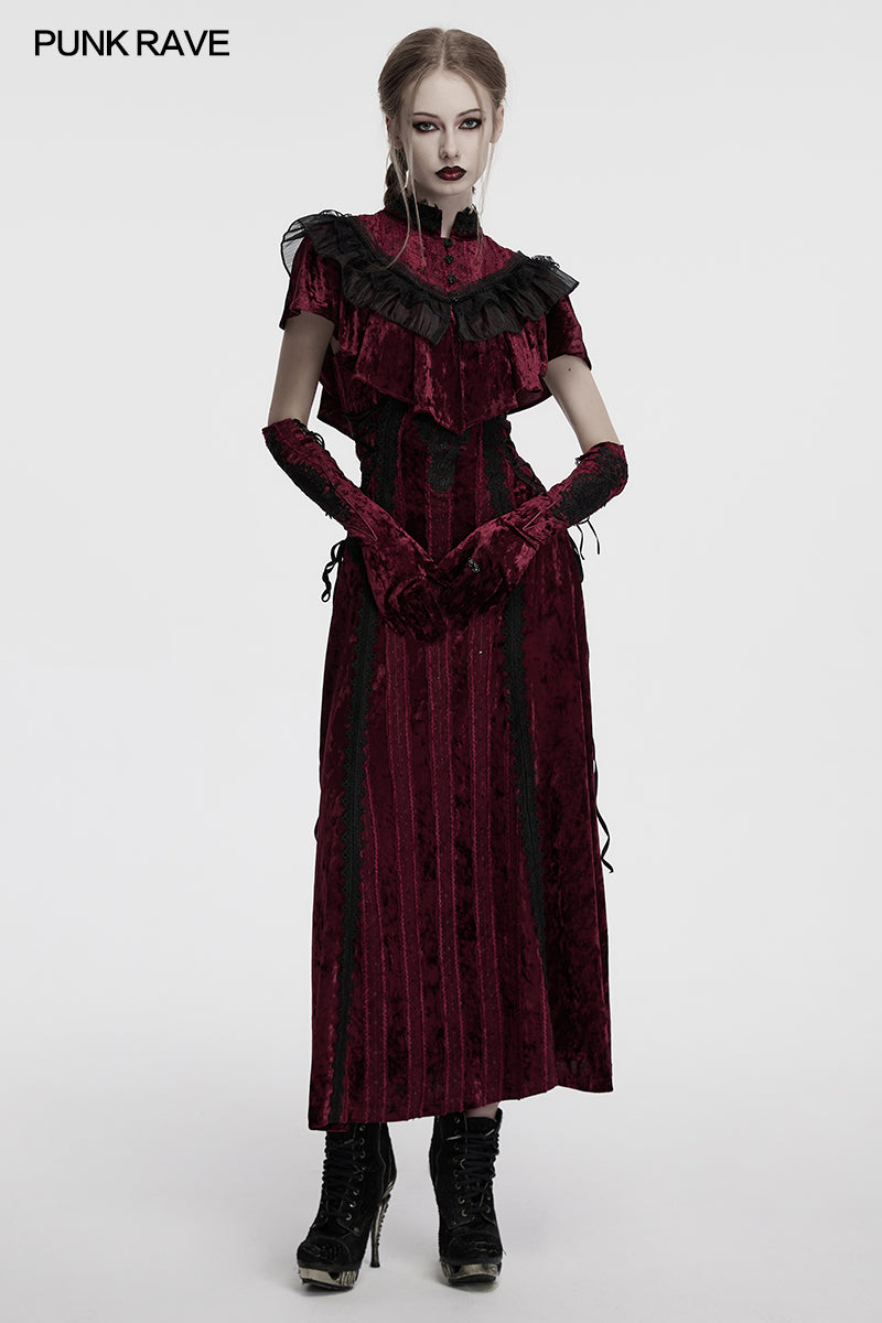 Punk Rave Selene Embroidered Velvet Gloves in Crimson