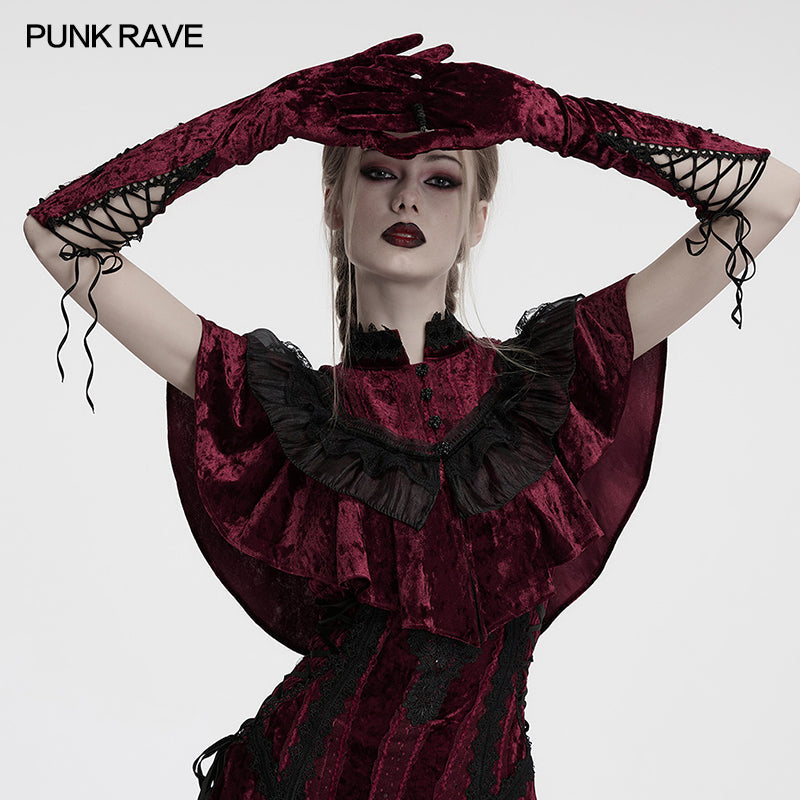 Punk Rave Selene Embroidered Velvet Gloves in Crimson