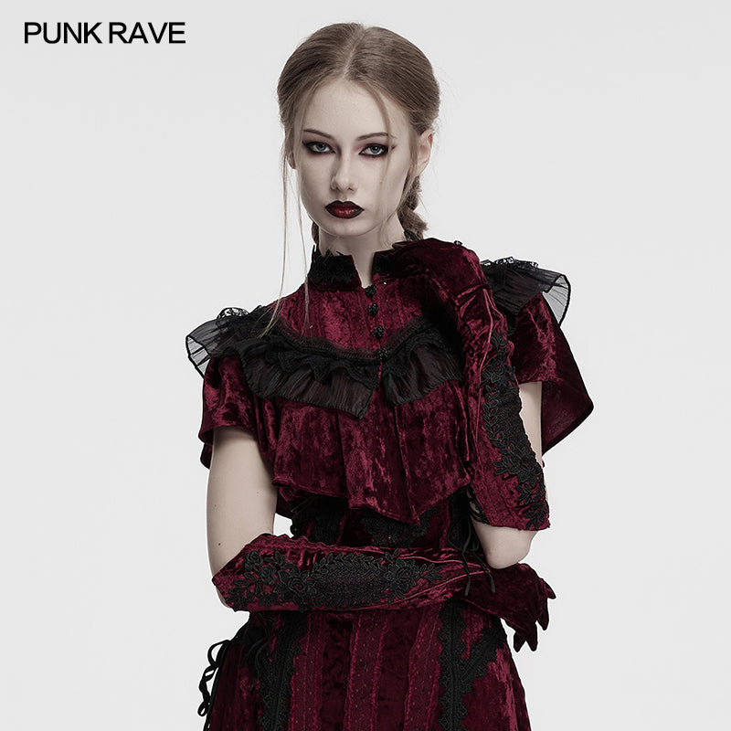Punk Rave Selene Embroidered Velvet Gloves in Crimson