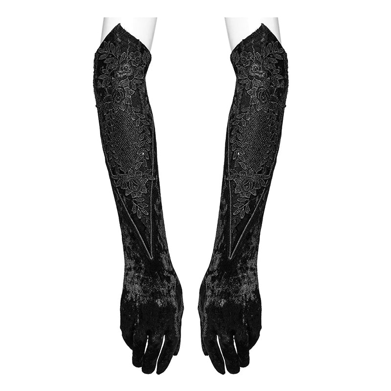 Punk Rave Selene Embroidered Velvet Gloves in Black