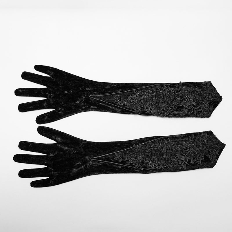 Punk Rave Selene Embroidered Velvet Gloves in Black