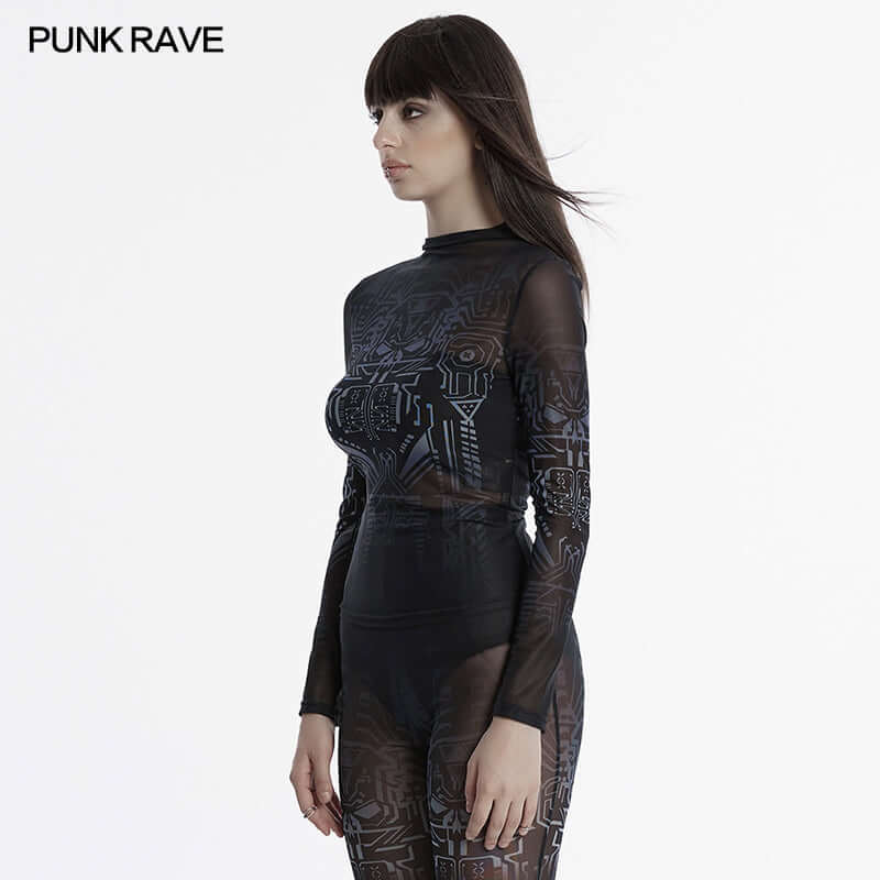 Punk Rave Eluana Cybergoth Print Mesh Long Sleeve Top