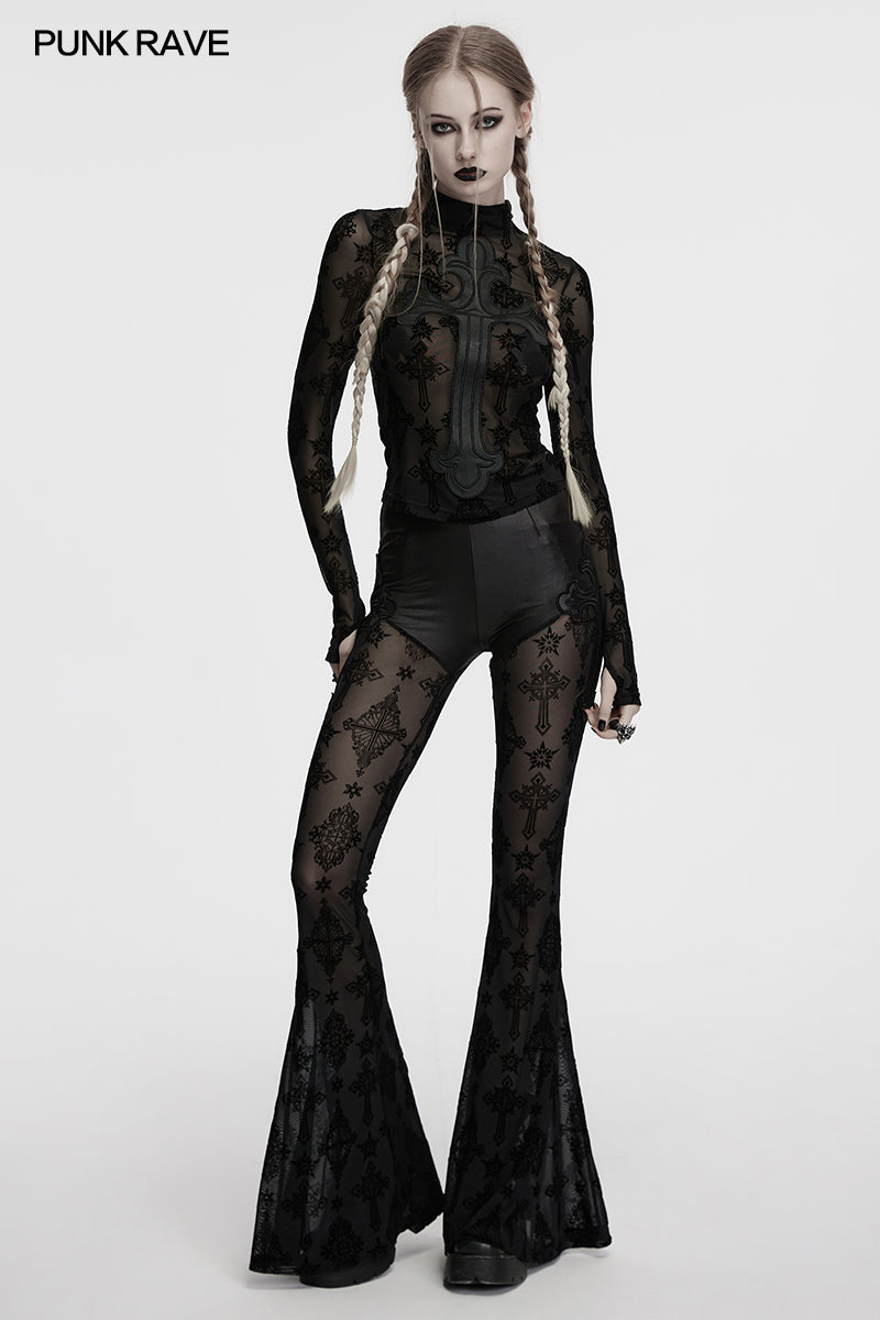 Punk Rave Morrigan Cross-Embroidered Mesh Top