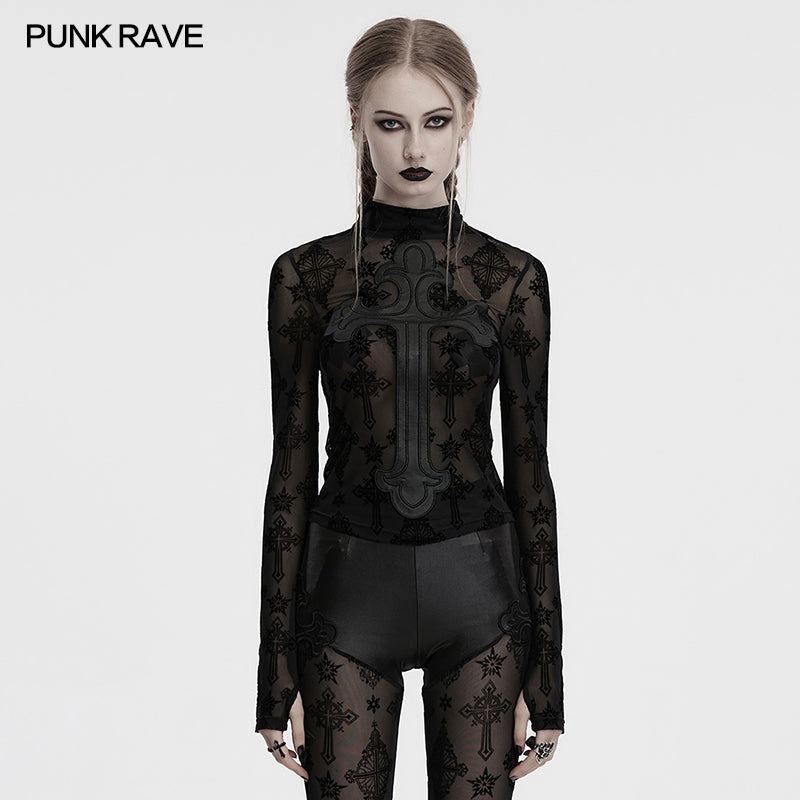 Punk Rave Morrigan Cross-Embroidered Mesh Top