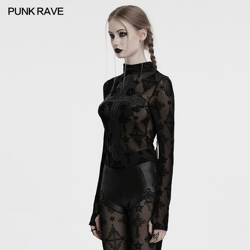 Punk Rave Morrigan Cross-Embroidered Mesh Top