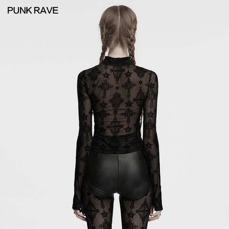 Punk Rave Morrigan Cross-Embroidered Mesh Top