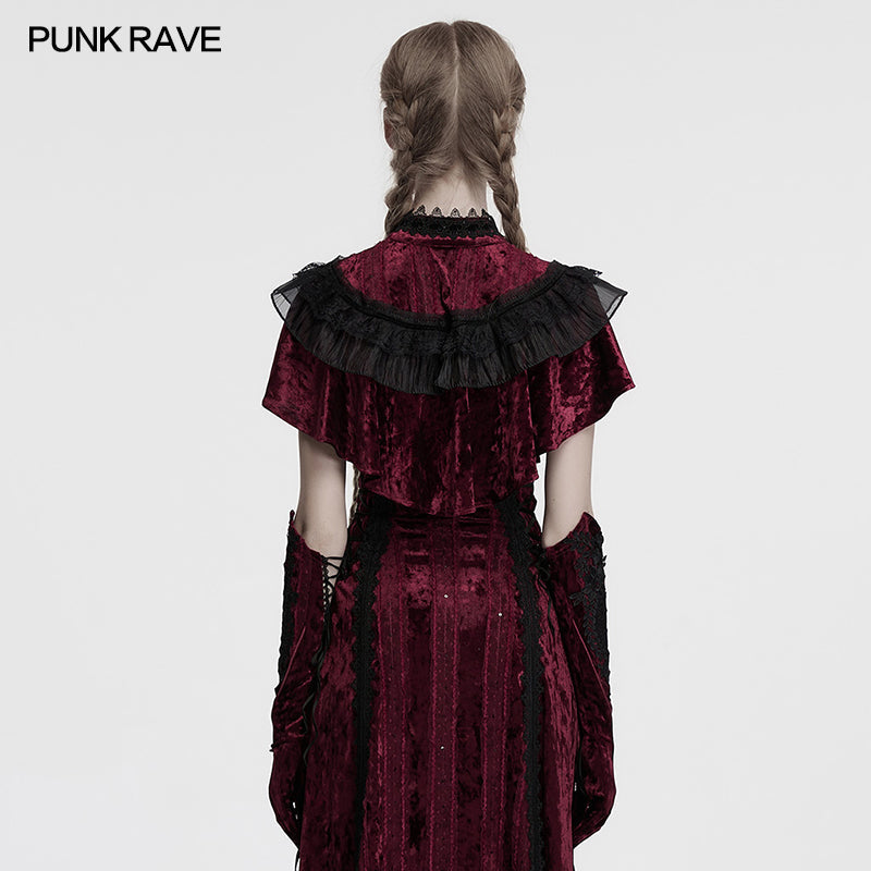 Punk Rave Elysia Velvet Ruffle Goth Shawl in Crimson