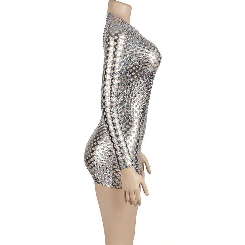 Long Sleeve Metallic Cutout Bodycon Mini Dress