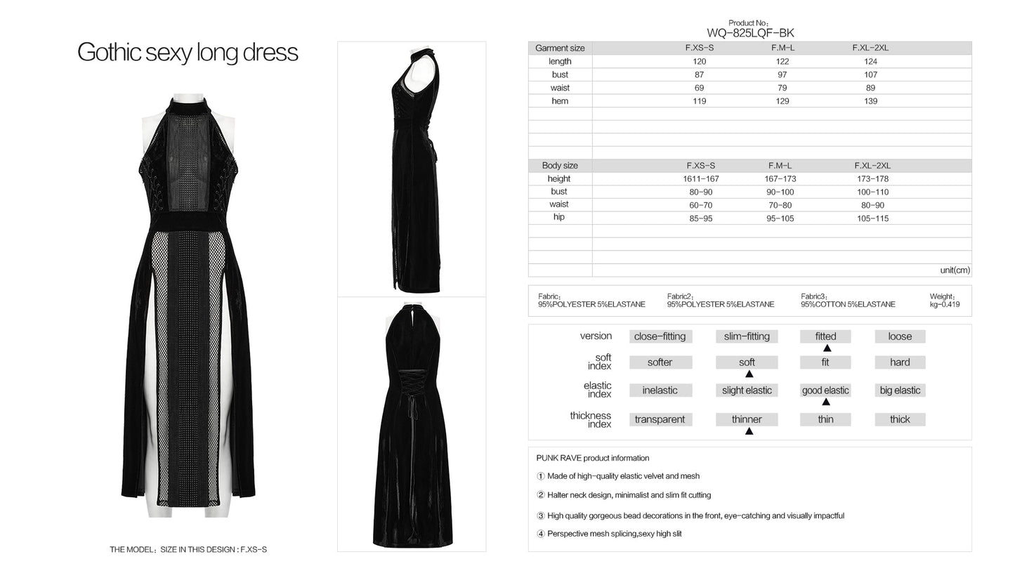 Punk Rave Selene Velvet Mesh High Slit Goth Dress In Black