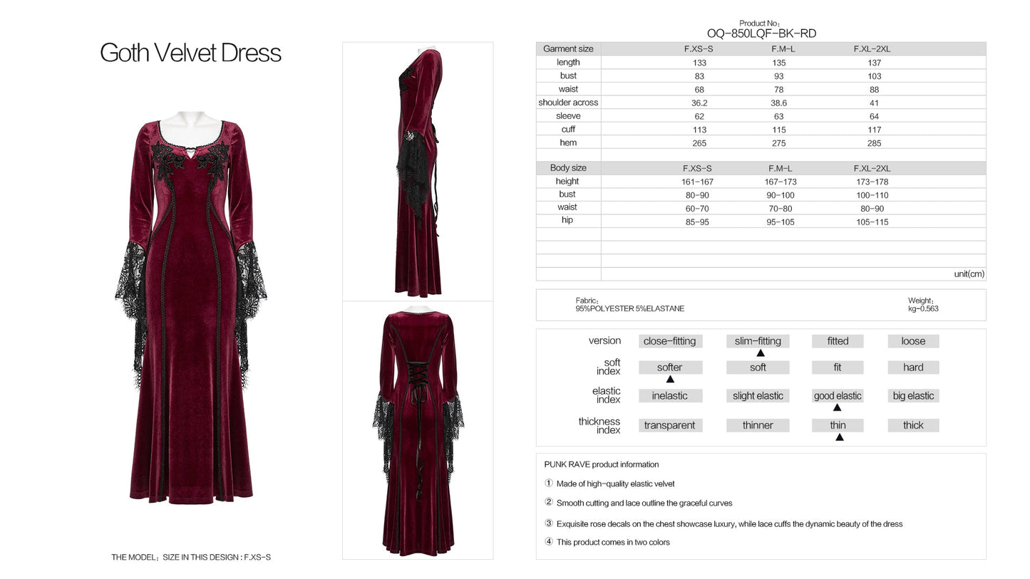 Punk Rave Isolde Velvet Lace-Sleeve Dress in Red