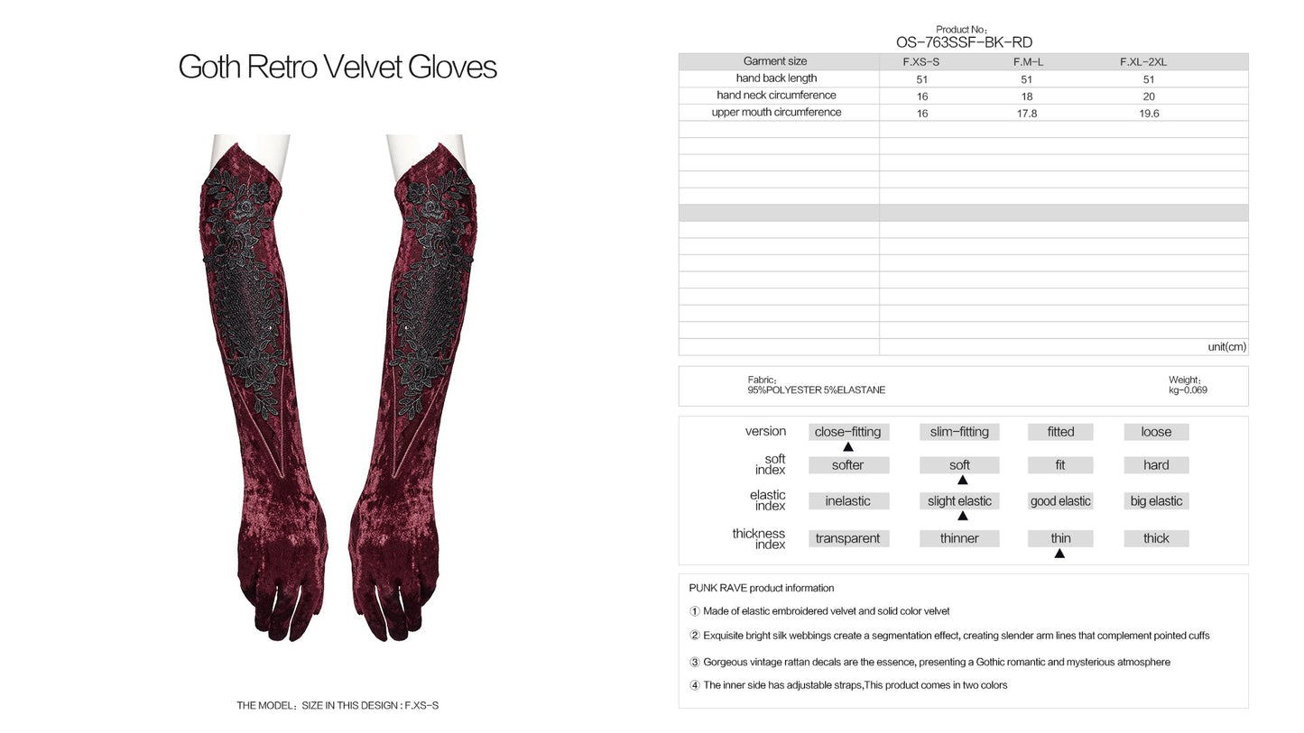 Punk Rave Selene Embroidered Velvet Gloves in Crimson
