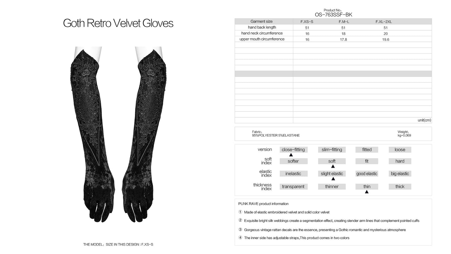 Punk Rave Selene Embroidered Velvet Gloves in Black