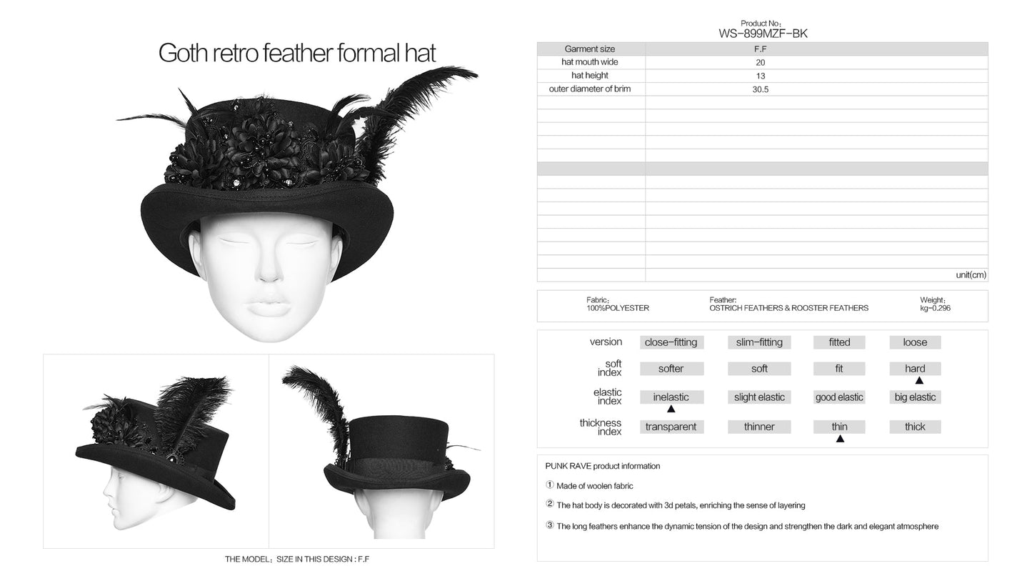 Punk Rave Goth Feather Formal Hat, Gothic Retro-Style