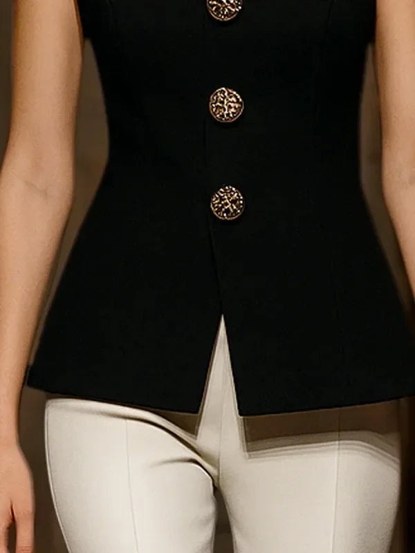 Women's Black Elegant Summer Sleeveless Tailored Tunic Top