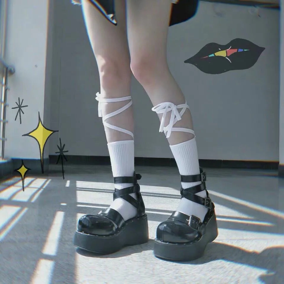 Summer Sexy Long Japanese-Style Socks, Irregular Lace-Tie Fishnet Stockings