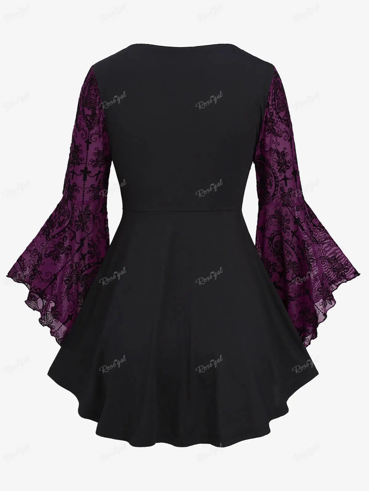 Gothic Bell Sleeves Organza Mesh Lace-Up Blouse, Plus Sizes