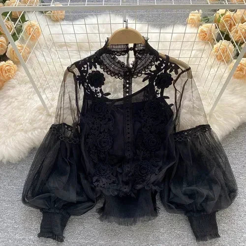 Lace See-Through Puff-Sleeve Vintage Fashion Blouse