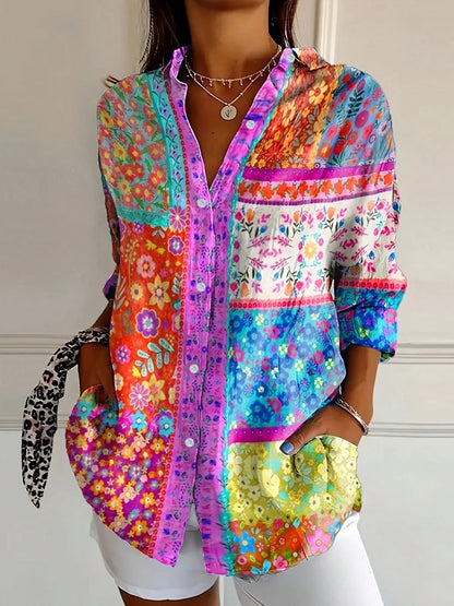 Vireous Bright Patchwork Printed Women's Summer Shirt, Candy Colours