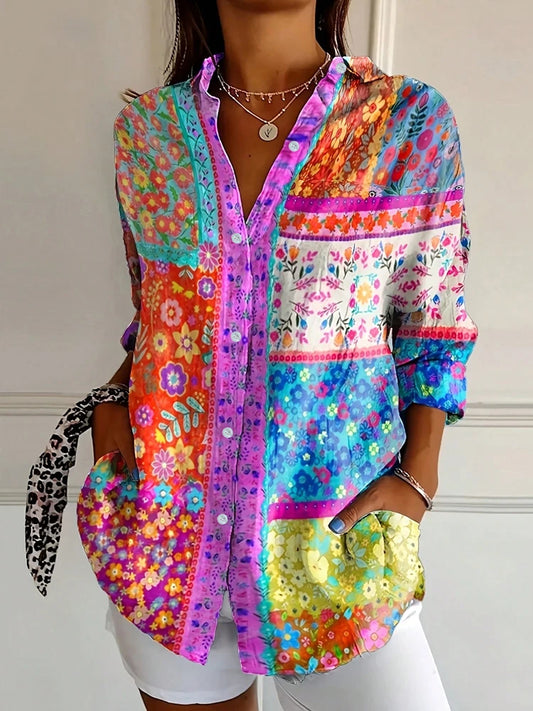 Vireous Bright Patchwork Printed Women's Summer Shirt, Candy Colours