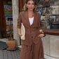 Cotton Linen Women's Belted Businesswear, Coffee Jacket and Shorts Two-Piece