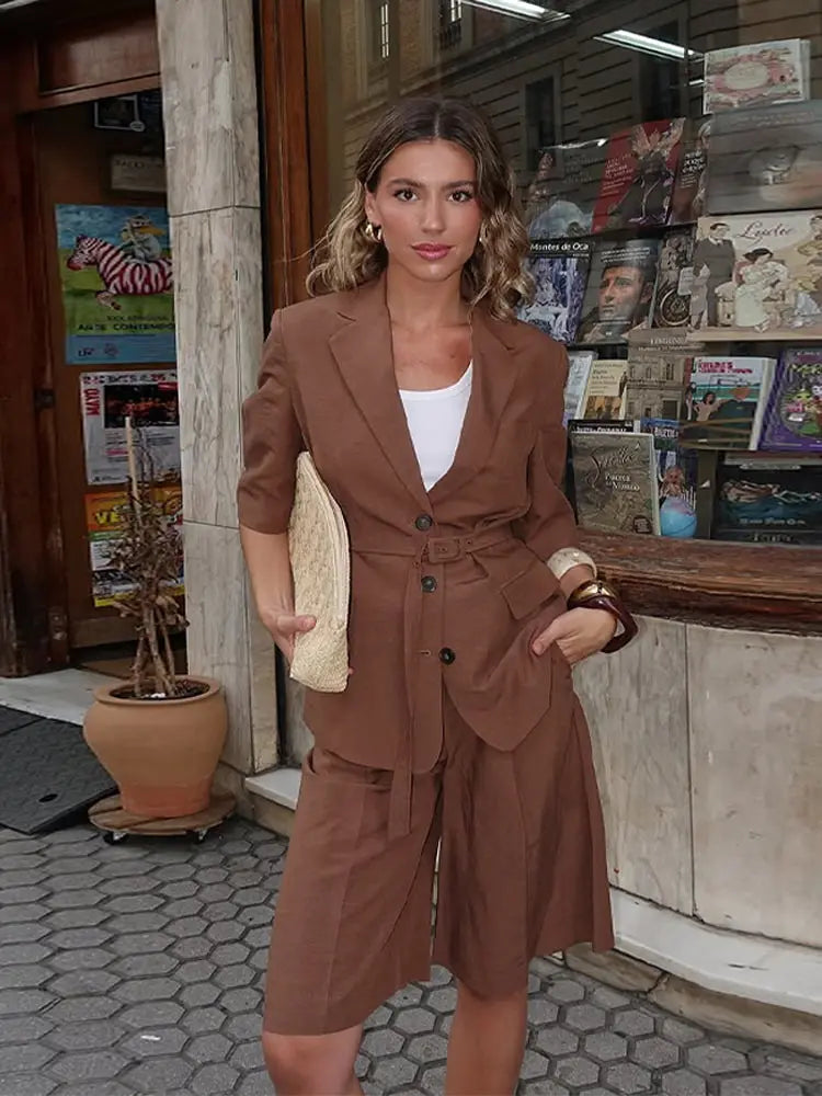 Cotton Linen Women's Belted Businesswear, Coffee Jacket and Shorts Two-Piece