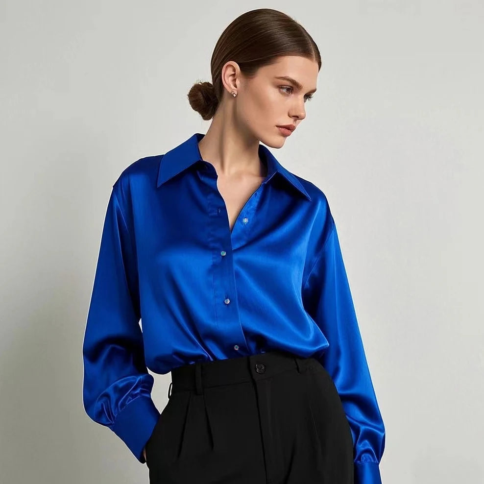 Vireous Women's Classic Silky Satin Shirt, Multicolours