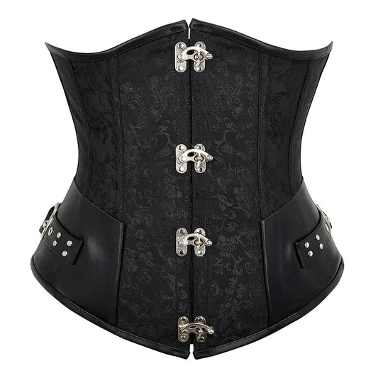 Faux Leather Underbust Corset, Goth Burlesque Corset with Embroidery, Plus Sizes
