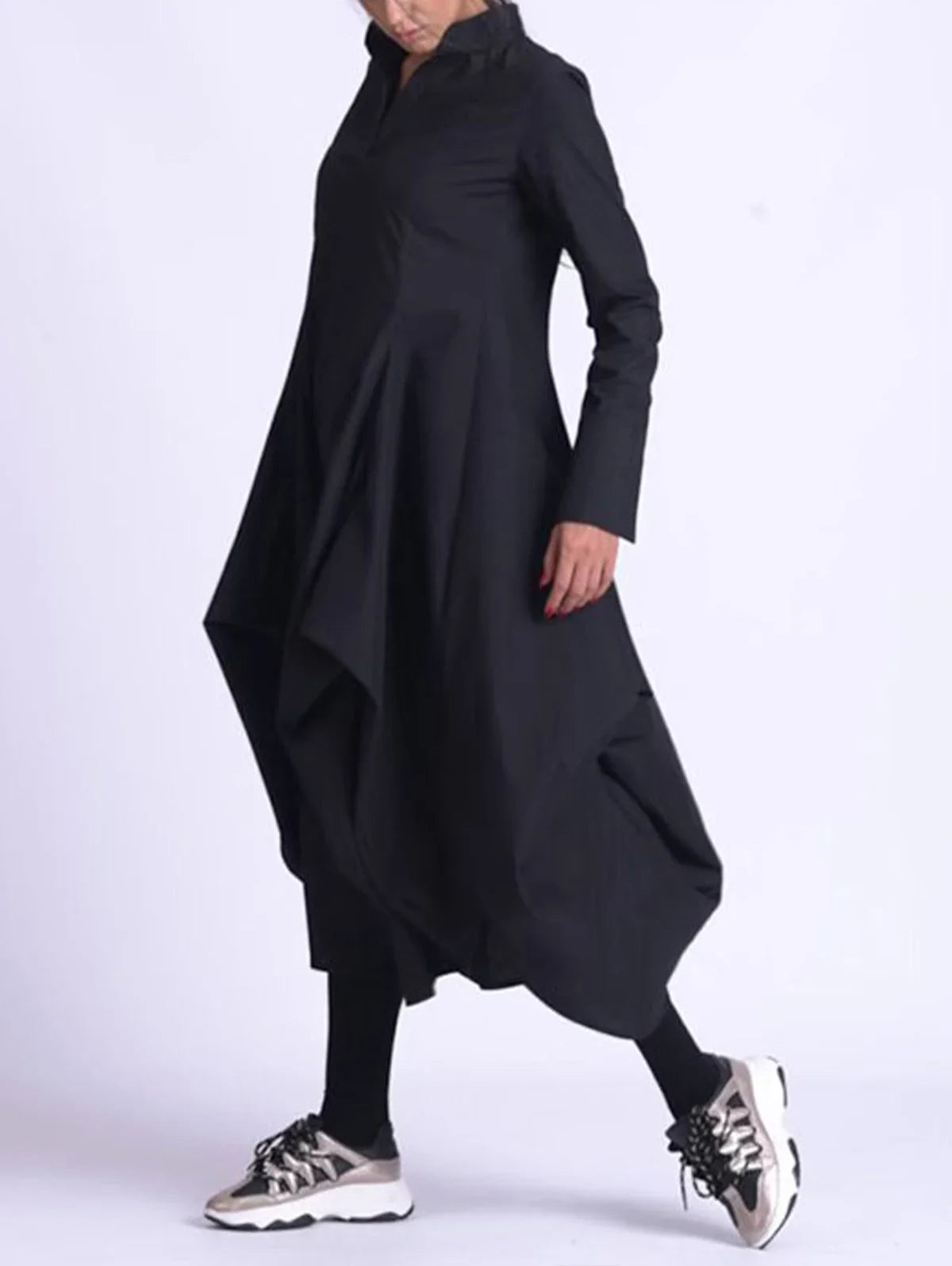 Minimalist Black Stand Collar A-Line Midi Dress